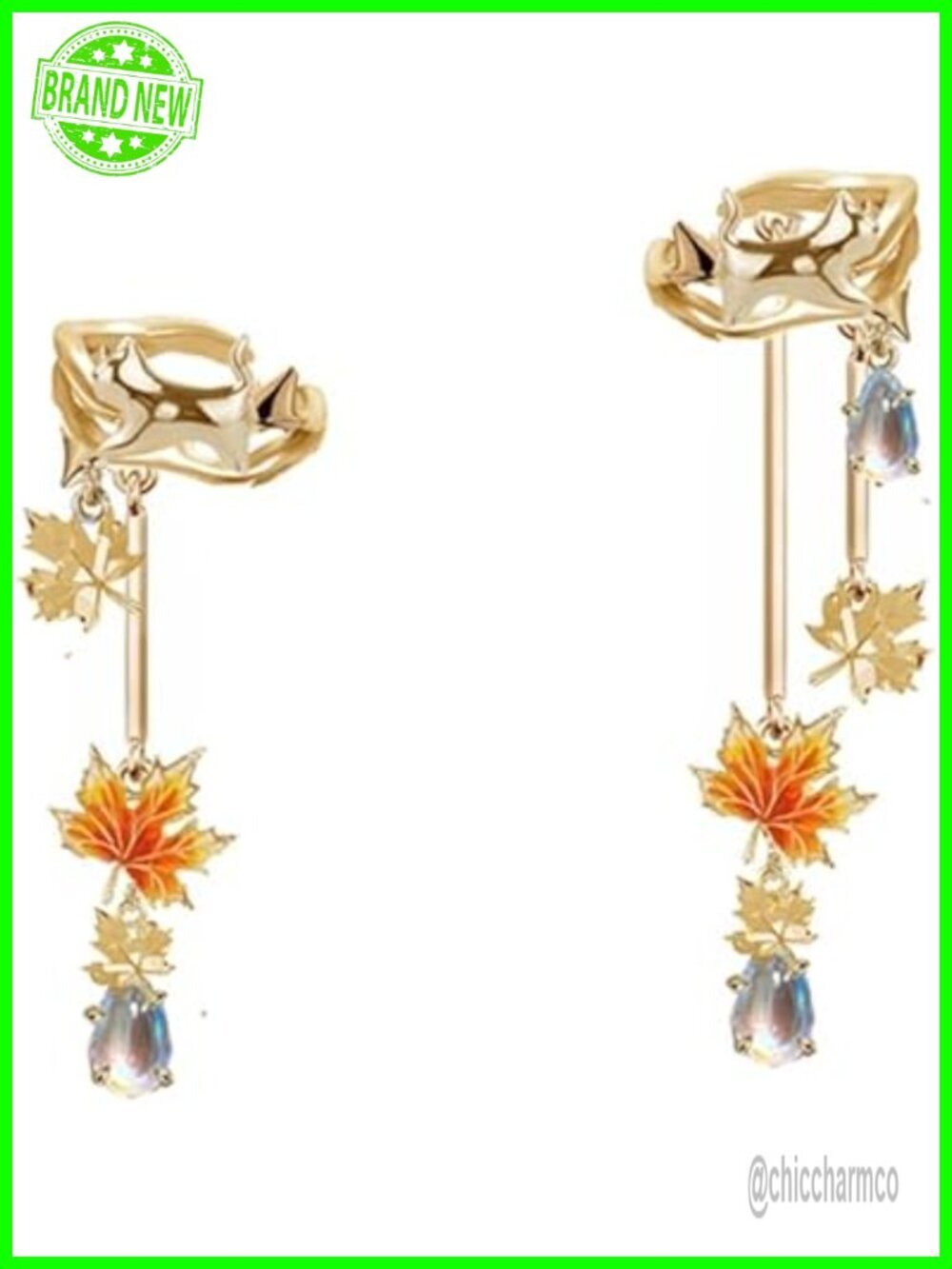Orange Maple Leaf Ear Cuff Clip On Tassel Ear Cuff Asymmetrical Fashion